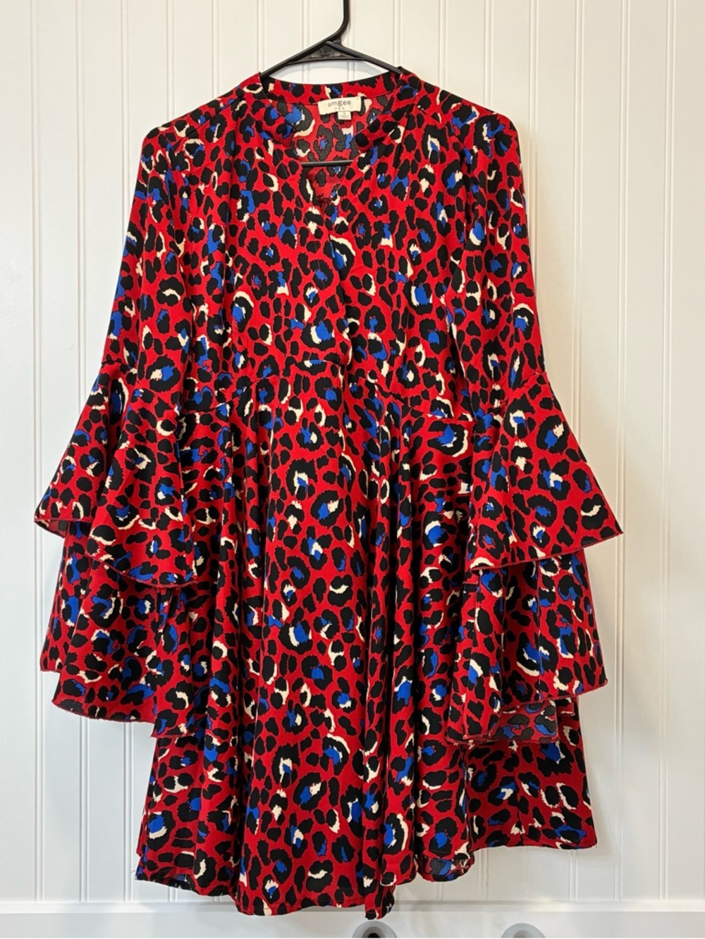 Umgee Red Blue Accent Leopard Print Flowy Sleeve Mini Dress